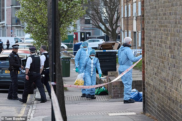Forensic officers and sniffer dogs are seen on Lord Warwick Street where the boy was stabbed on Thursday