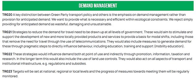 Mr Polanski¿s party would pursue a deliberate policy of travel ¿demand management¿ if they were in government, with the primary objective being to reduce ¿speeds and volume of motorised traffic¿