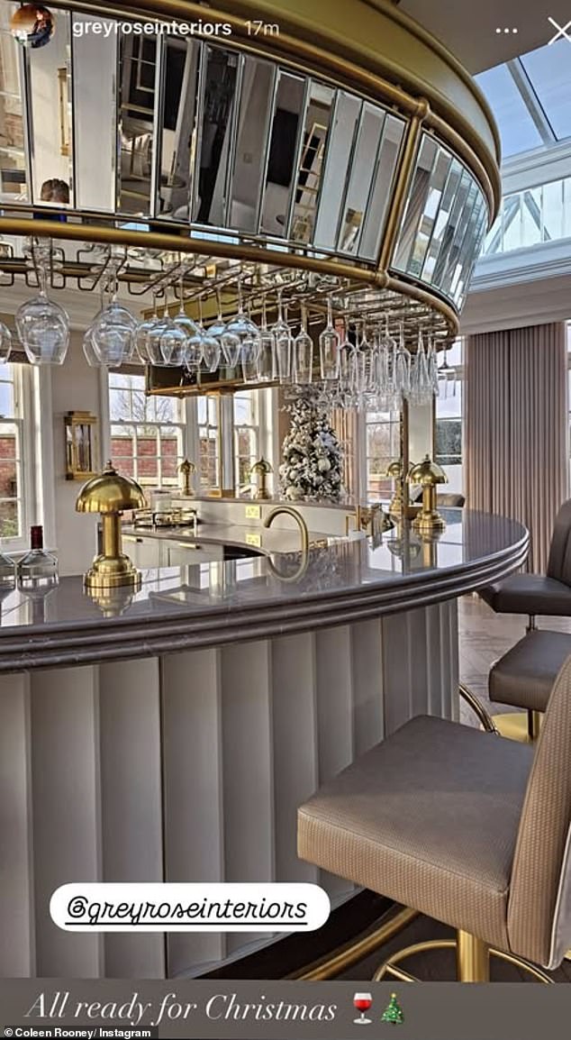 Coleen previously showed off her home's glamorous indoor bar with gold finishes and mirrored panels, along with light brown swing chairs that ran around it