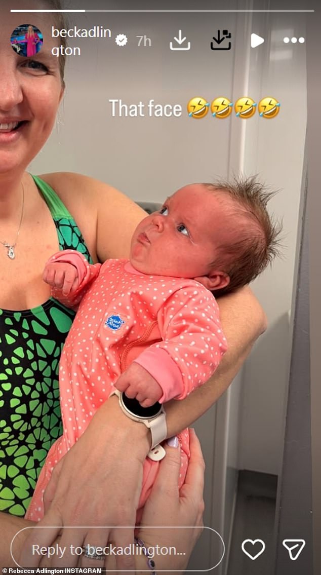 The two-time Olympic gold medalist also shared an adorable photo of her holding her baby girl ahead of getting into the pool