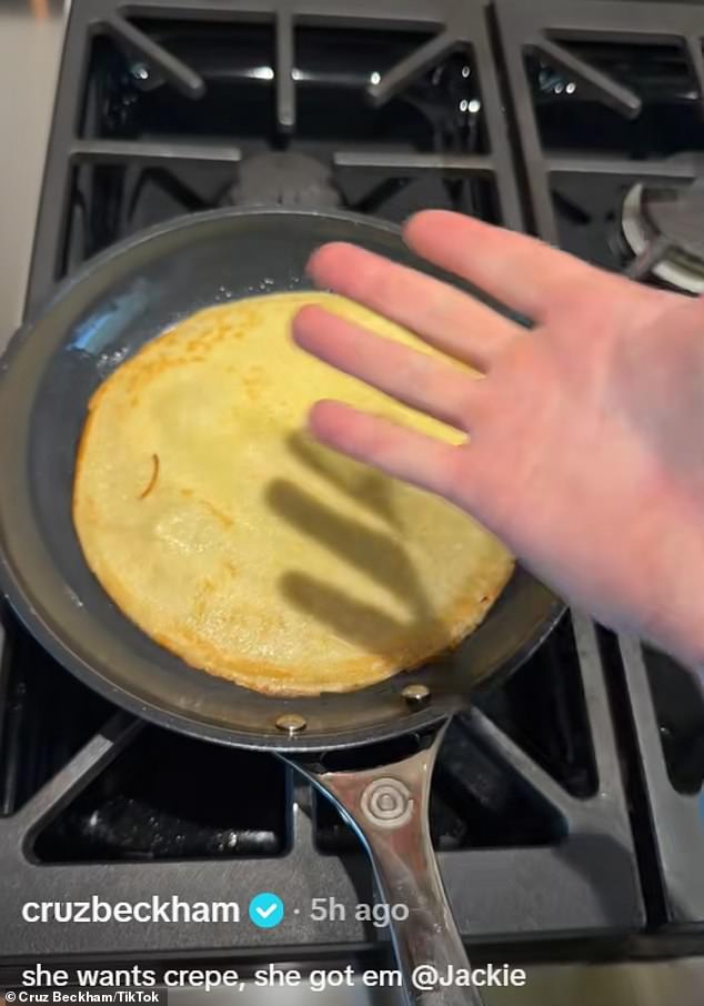 Taking to TikTok on Friday, Cruz cooked his glamorous girlfriend Jackie pancakes for breakfast, days after it was revealed Brooklyn's wife Nicola Peltz loves the sweet treat