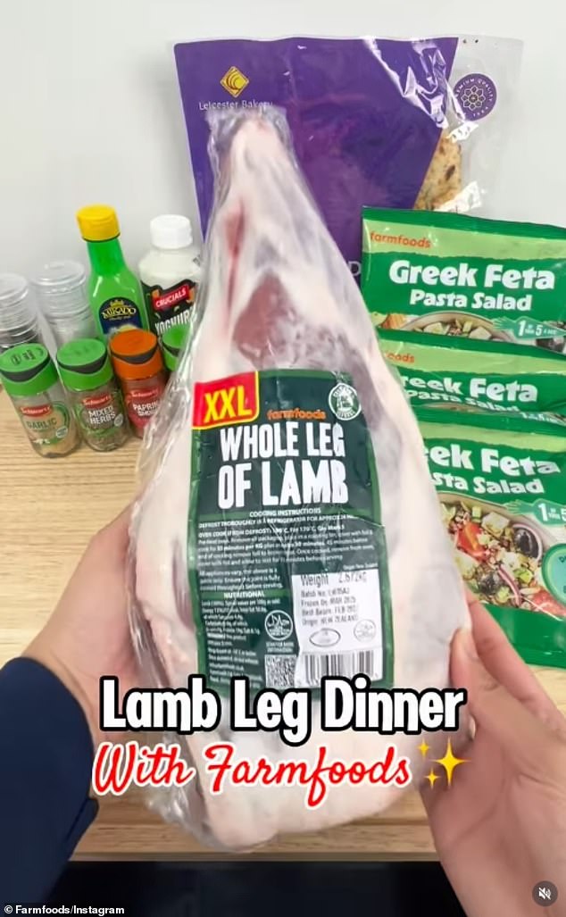 A quick scroll on the Scottish brand's Instagram, or a look on X, showcases its growing popularity, especially with parents looking for a bargain on their favourite middle-class items, like Greek Feta Pasta salads and salmon fillets. Pictured, a whole leg of lamb from Farmfoods