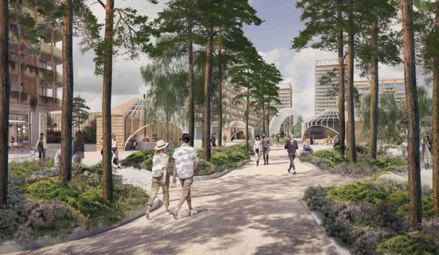 Illustration of a planned community with multi-story buildings, many trees, paved walkways, and people walking.