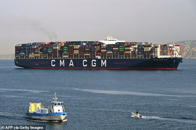Pictured: The  French owned CMA CGM container ship which is the only vessel owned by a major western shipping line to have made safe passage since the Iran war erupted five weeks ago