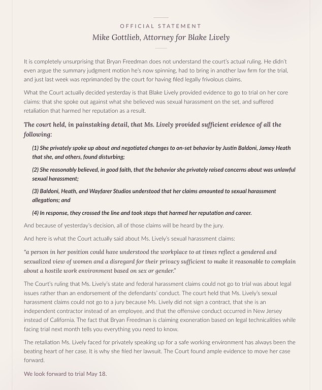 The actress also posted a statement from her attorney Mike Gottlieb as she still prepares to go to trial on May 18