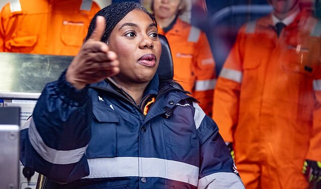 Kemi Badenoch speaking to workers at an oil rig in Aberdeen