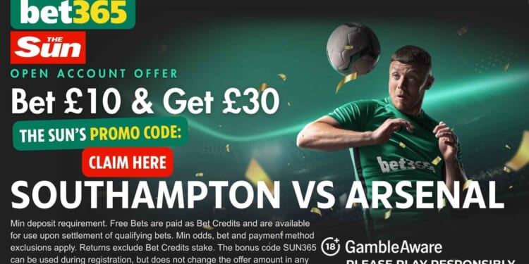 Score £30 in free bets for Southampton vs Arsenal