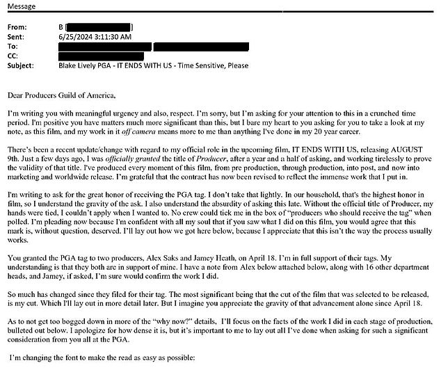 The five-page letter Lively sent to the Producers Guild outlining her influence – seen in part here – was central to the judge's decision