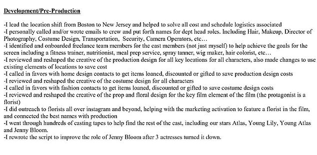 Lively set out her contributions in 77 bullet points, many beginning with the word 'I'