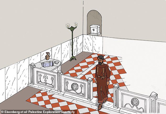 A proposed reconstruction of the small hall containing a baptismal font, which may have been used to baptise infants and children