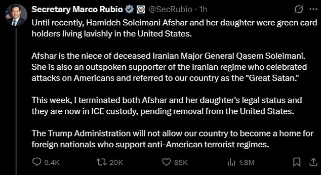 Secretary of State Marco Rubio announced the two women's arrest and impending removal from the United States on his X account on Saturday