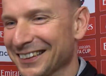 Pep Lijnders can't help but smile when he realises who is interviewing him after FA Cup win over Liverpool