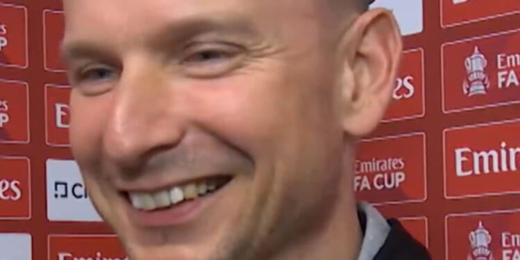 Pep Lijnders can't help but smile when he realises who is interviewing him after FA Cup win over Liverpool