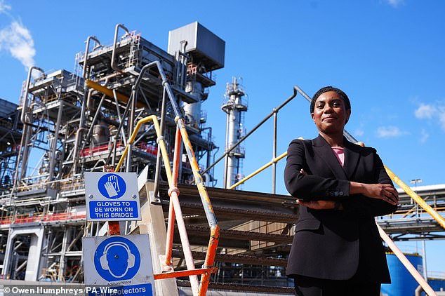 Tory leader Kemi Badenoch (pictured, on a visit to a chemical company in Teesside on the local election campaign trail this week) has called the failure to tap North Sea oil and gas 'economic insanity'