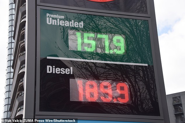 The average price of a litre of diesel at UK forecourts is up 30 per cent since the start of the war to 185.2p and could breach £2 within weeks, experts have warned. Pictured: File photo of a petrol and diesel price sign at a station in London this week