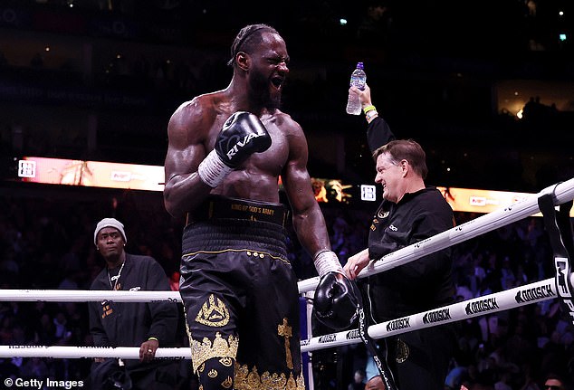 LONDON, ENGLAND - APRIL 04: Deontay Wilder celebrates after the Heavyweight fight between Derek Chisora and Deontay Wilder as part of the Dereck Chisora v Deontay Wilder: 100 fight night at The O2 Arena on April 04, 2026 in London, England.  (Photo by Richard Pelham/Getty Images)