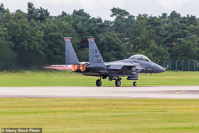 The downed jet is thought to have previously been based at RAF Lakenheath in Suffolk, but sources suggest they were moved to Jordan when the war began. Pictured: A plane of the same model takes off from the British base on a training exercise