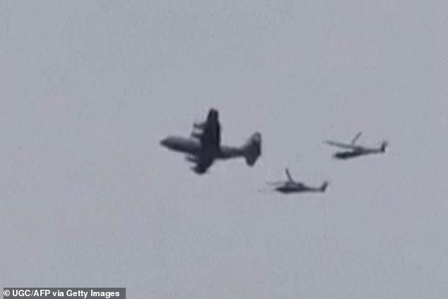 Immediately after the first distress call, US military command launched a race-against-the-clock search-and-rescue operation. Pictured: A US aircraft and two helicopters fly over Iran this week
