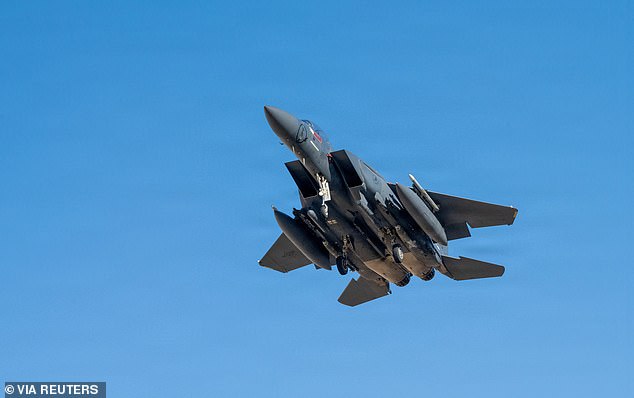 The F¿15E, top speed of 1,650mph, was conducting a routine sortie over Tehran when it came down roughly 100 miles from the border with Iraq (pictured: similar F-15 fighter jet)