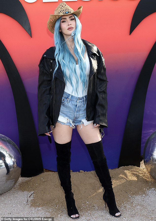 Megan Fox was a sight to see in a toothpaste blue wig