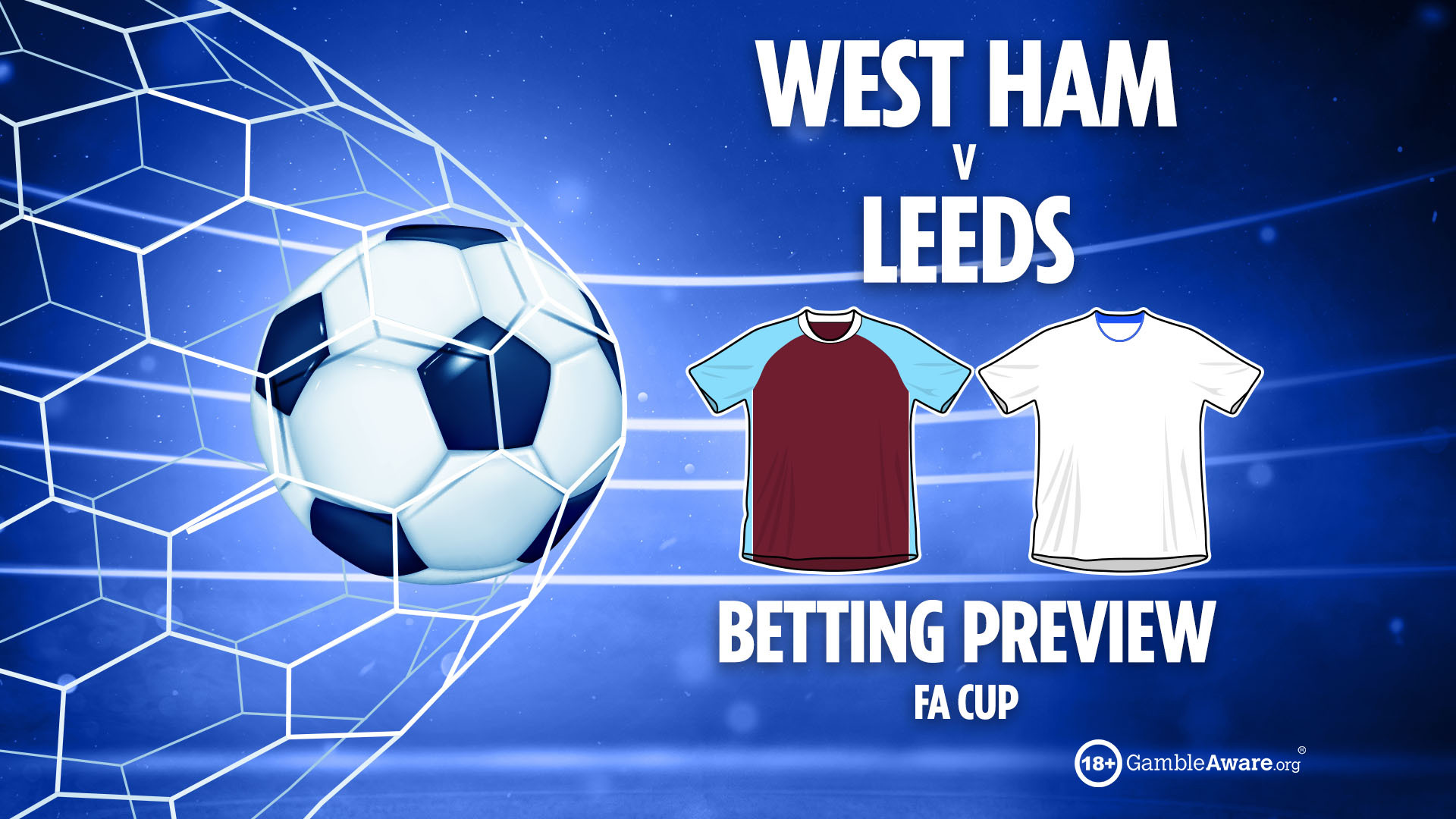 Illustration of a soccer ball in a goal net with West Ham and Leeds jerseys, advertising a betting preview for an FA Cup match.