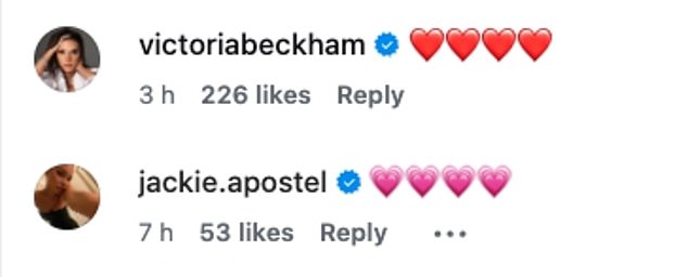 While both mum Victoria and girlfriend Jackie Apostel, 30, posted a string of love heart emojis