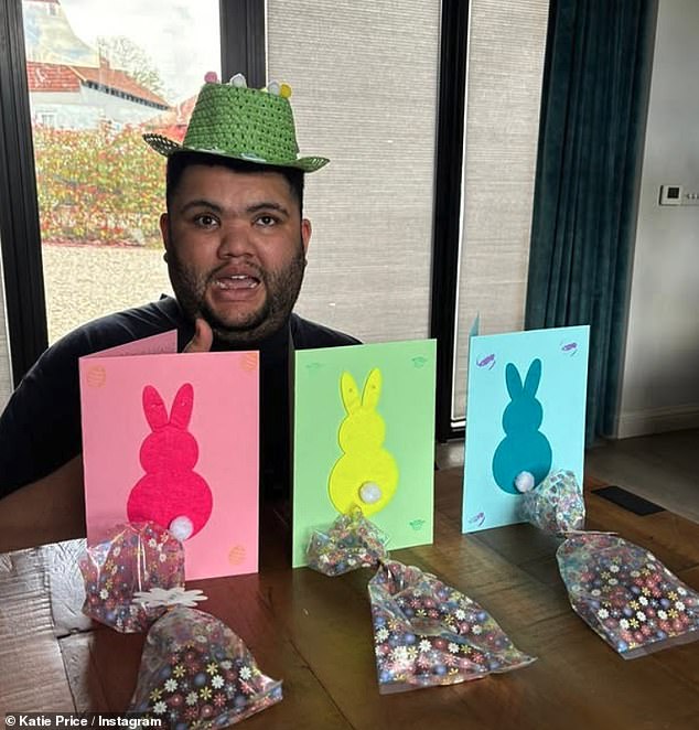Meanwhile Katie Price shared sweet snap of 'egg-cited' son Harvey wearing an Easter bonnet and showing off his chocolate eggs