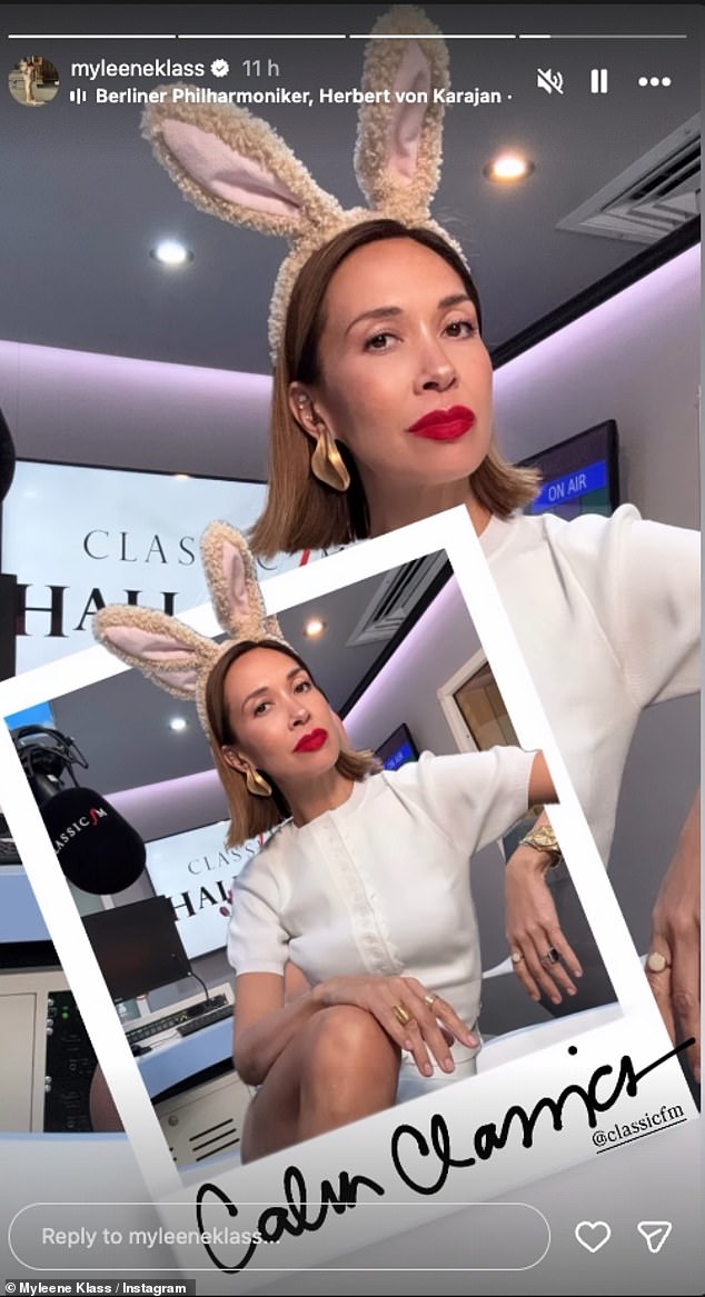 Elsewhere Myleene Klass, 47, donned a pair of fluffly bunny ears to present her Sunday show on Classic FM