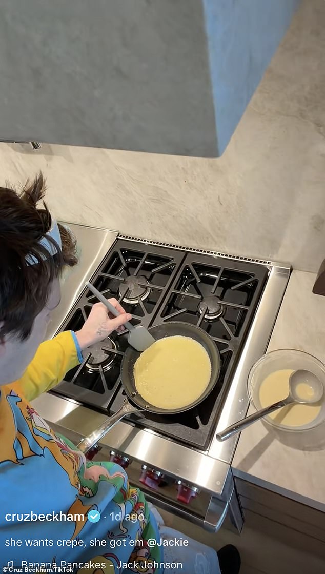 The youngest son of David and Victoria was ever the doting boyfriend as he filmed himself whipping up pancakes for Jackie, writing in the caption: 'She wants crepe, she got em'