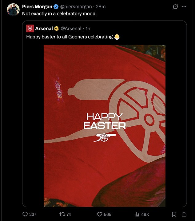 Piers Morgan was another celebrity fan to express his frustration on X after Arsenal's loss