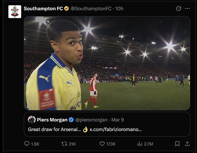 Morgan was quickly mocked by rivals and Southampton themselves on social media