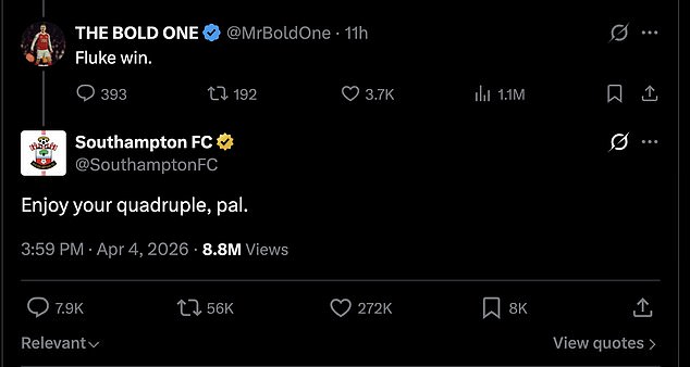 Southampton also teased another Arsenal fan on X after their FA Cup quarter-final victory