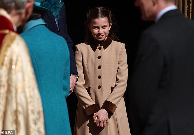 Princess Charlotte, sporting a pretty dress under a warm camel-colours coat with a brown velvet collar and cuffs -- April 5, 2026
