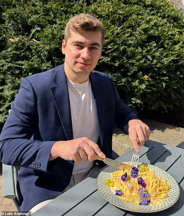 I am shown above cutting into the main meal of my Markle diet adventure, a cacio e pepe spaghetti dish, complete with edible flowers
