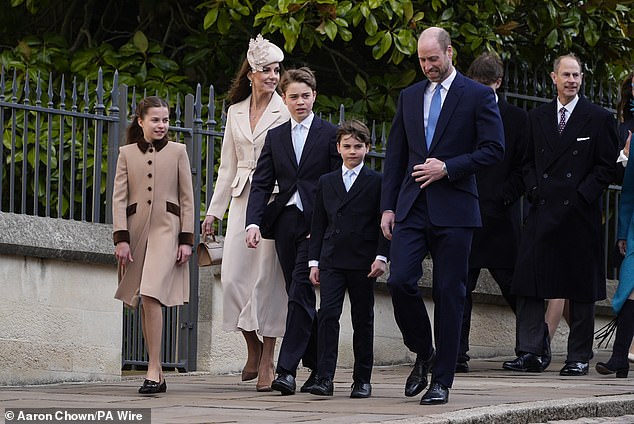 The Prince and Princess of Wales arriving with their children, Prince George, Princess Charlotte, and Prince Louis, arriving with other members of the royal family to attend the Easter Service at St George's Chapel, Windsor Castle, on April 5