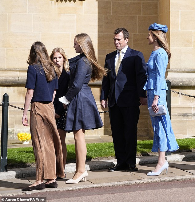 Queen Elizabeth II's eldest grandchild walked hand-in-hand with his NHS nurse fiancée as they arrived at St George's Chapel alongside Peter's children, Savannah and Isla, and, for the first time, Harriet's 13-year-old daughter, Georgina (all pictured)