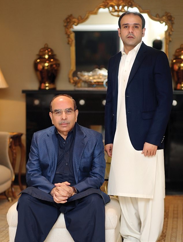 Tycoon Malik Riaz Hussain (seated) and his son Ali Riaz Malik are banned from entering the UK following a probe into 'dirty money' allegations