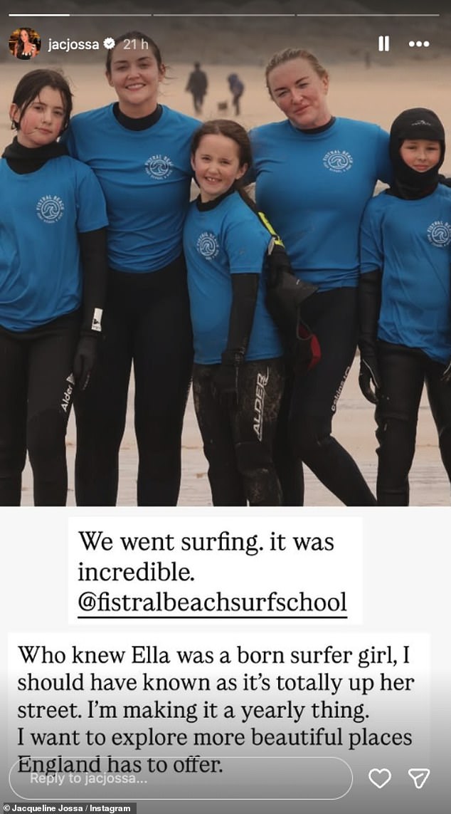 Jacqueline gushed over daughter Ella being a 'born surfer girl' and vowed to explore more of England with the pair