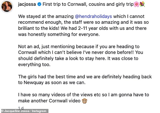 The actress captioned the post: 'First trip to Cornwall, cousins and girly trip. We stayed at the amazing @hendraholidays which I cannot recommend enough'