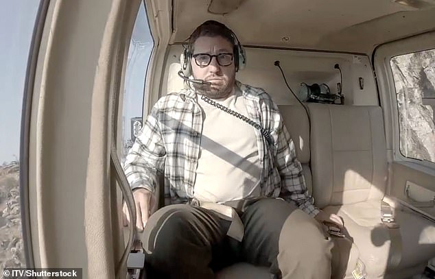 The funnyman was already looking green around the gills as he arrives via helicopter before being forced to race the Toy Boy singer 150ft off the ground