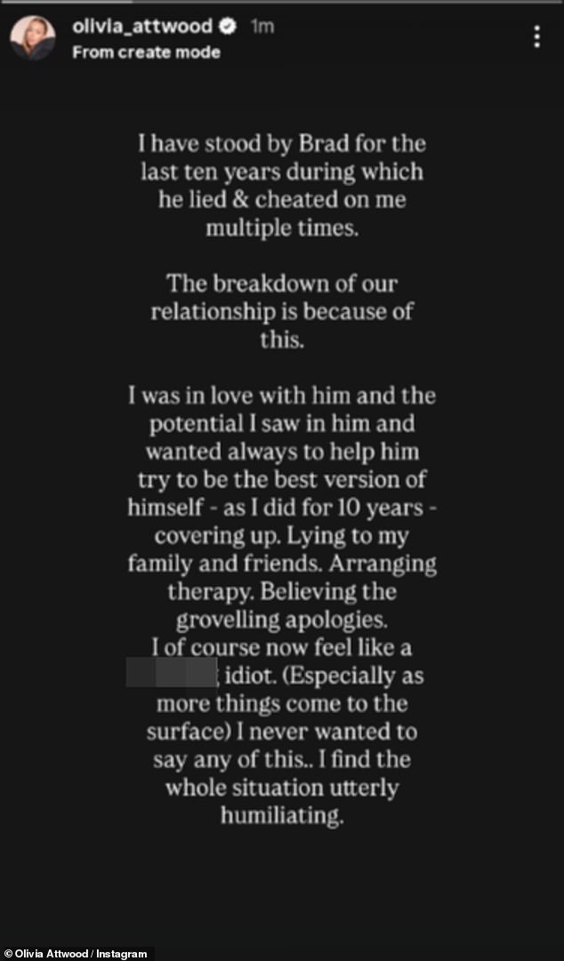 It comes days after Olivia accused ex Bradley of cheating on her multiple times over the course of their 10 year on-off relationship