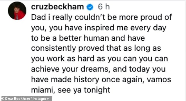 Cruz said he 'couldn't be more proud' of his father as he took in the huge new state of the art stadium before sitting in Lionel Messi's pitch side seat