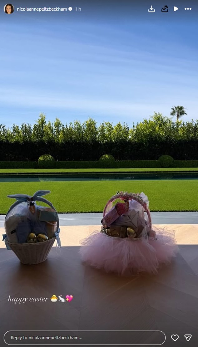 Nicola posted a picture of two Easter baskets, one blue and one pink, filled to the brim with chocolate goodies, flowers and gifts
