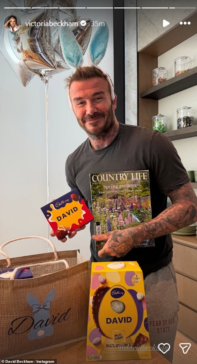 Victoria also shared a sweet snap of David posing with a Country magazine and Creme Eggs. She captioned the post: 'Happy Easter!!!'