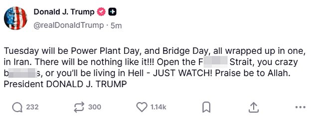 Trump had earlier threatened to attack Iranian bridges and power plants in a bizarre Easter message