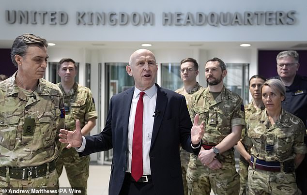 Defence Secretary John Healey speaking to military personnel during a visit to the Permanent Joint Headquarters in Northwood, London
