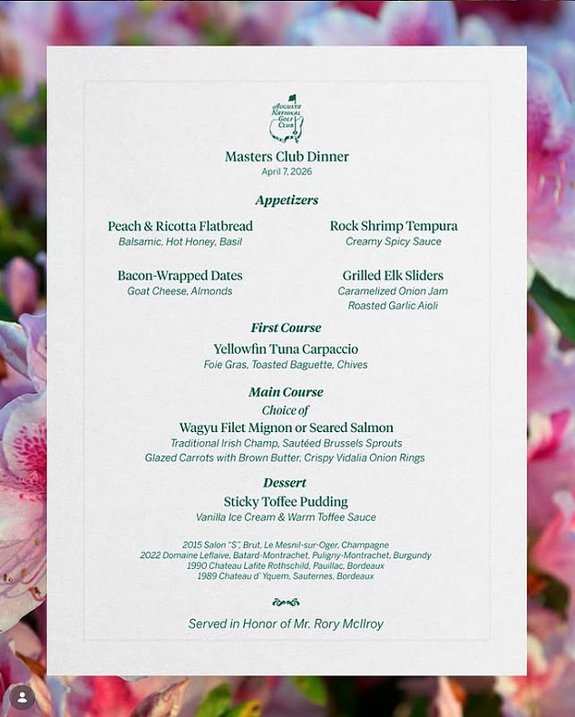 Rory McIlroy's menu for this year's dinner - which he will have to pick up the entire tab for
