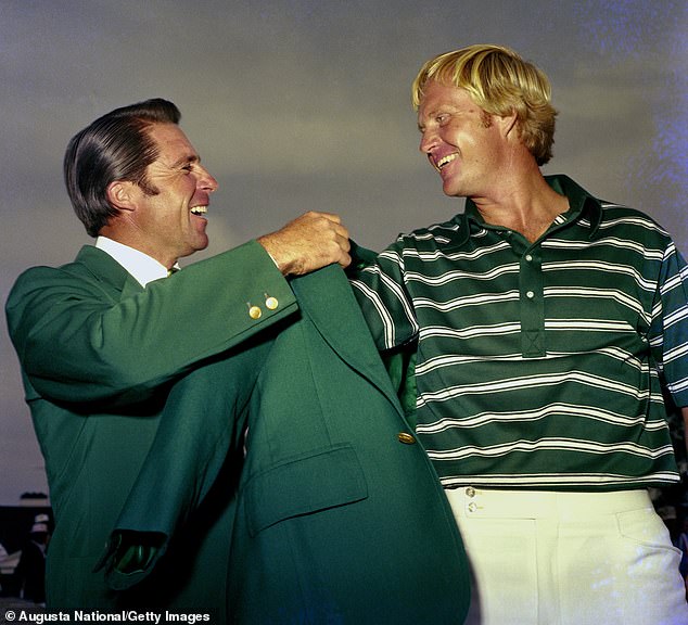 Gary Player (left) won three Green Jackets, but keeps himself to himself rather than gatecrash the likes fo Nicklaus (right)