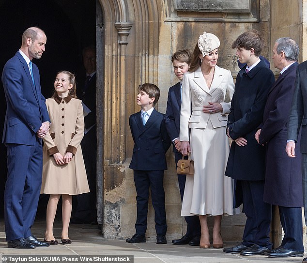 The Earl of Wessex (pictured) was captured merrily chatting with the Princess of Wales outside the chapel before entering the Easter Matins service