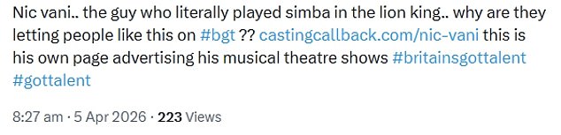 But one viewer pointed out Nic was an established West End star. They wrote on X: 'Nic vani.. the guy who literally played simba in the lion king.. why are they letting people like this on??'